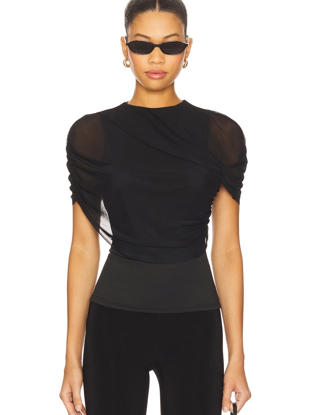 superdown Bethany Black Sheer Mesh Ruched Draped Top XS NWOT